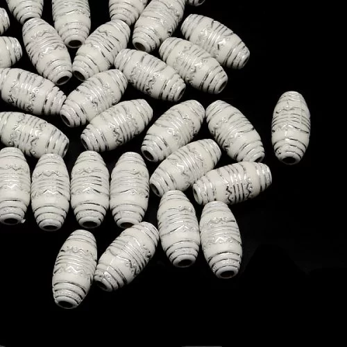 Acrylic Patterned Oval Bead - White - 10x20mm