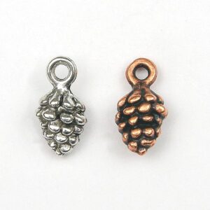 Nature inspired pine cone charm, in silver and bronze with a hole at the top of the charm.