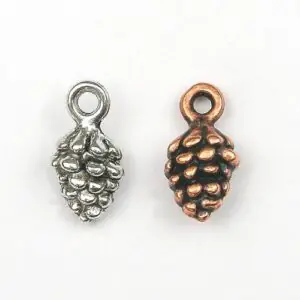 Nature inspired pine cone charm, in silver and bronze with a hole at the top of the charm.