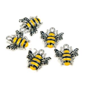 Enamel Bee Charms have a metal loop at the head of the charm with metal wings and an enamel body in yellow and black.