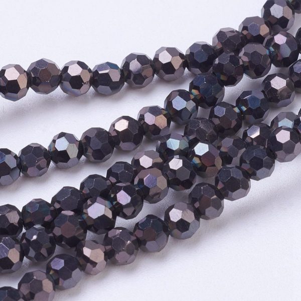 4mm Round Glass Faceted Crystal - Metallic Black - Riverside Beads