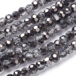 4mm Round Glass Faceted Crystal - Mirrored Black - Riverside Beads
