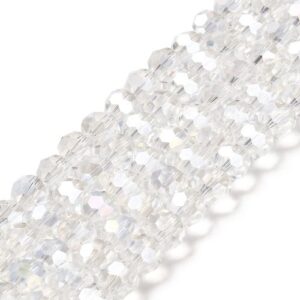 8mm faceted crystal round bead in a clear colour with white shimmers from the light.