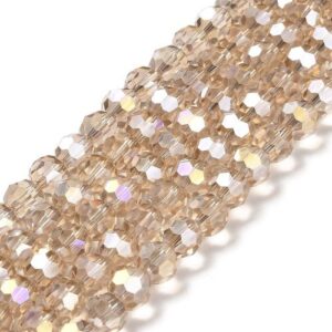 8mm faceted crystal round bead in a vibrant transparent wheat colour with white shimmers from the light.