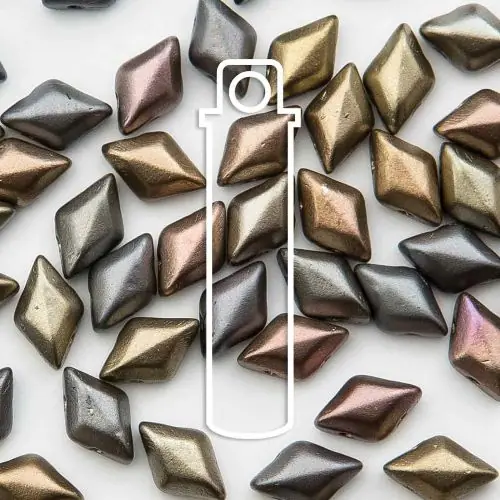 8x5mm Gemduo Bead - Crystal Grey Rainbow. A speciality bead with varying metallic shades throughout the tube. The beads are diamond shaped with 2 holes in.