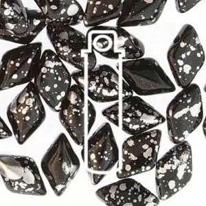8x5mm Gemduo Bead - Silver Splash Jet. A speciality bead with a black base and spashes of silver over the surface of the bead. The beads are diamond shaped with 2 holes in.