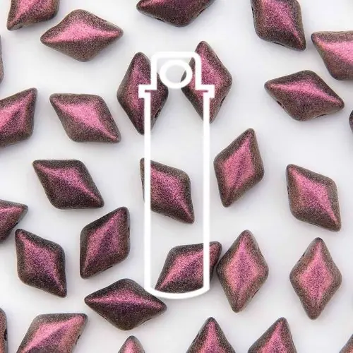 8x5mm Gemduo Bead - Polychrome Plum. A speciality bead with a matte purple finish. The beads are diamond shaped with 2 holes in.