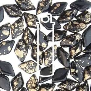 8x5mm Gemduo Bead - Gold Splash Jet. A speciality bead with a black base and splashes of gold over the surface of the bead. The beads are diamond shaped with 2 holes in.
