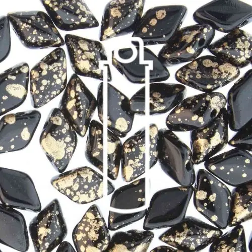 8x5mm Gemduo Bead - Gold Splash Jet. A speciality bead with a black base and splashes of gold over the surface of the bead. The beads are diamond shaped with 2 holes in.