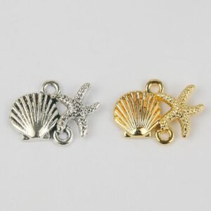 Shell Charm Link Connectors is a connector charm in gold and silver which shows a shell attached to a starfish