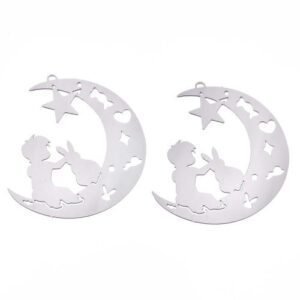 Filigree Moon Connector Charm with little boy and bunny sat on the moon. Perfect for childrens jewellery