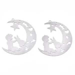 Filigree Moon Connector Charm with little boy and bunny sat on the moon. Perfect for childrens jewellery