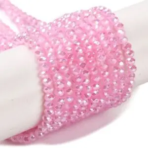 Pink Crystal Rondelle beads with an Aurora Borealis finish. gives them a colourful glimmer in the light.