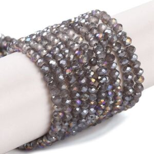 Grey Crystal Rondelle beads with an Aurora Borealis finish. gives them a colourful glimmer in the light.