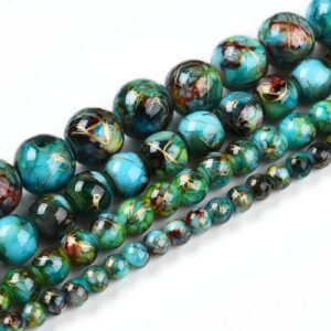 Marbled Glass Beads - Mystic Lagoon. The beads come in 4 sizes as shown in the picture and are a mixture of blue, brown and green with golden streaks throughout.
