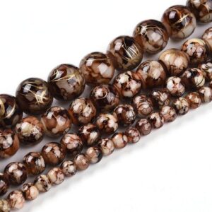 Marbled Glass Beads - Rustic Ember. The beads come in 4 sizes as shown in the picture and are a mixture of brown, cream and red with golden streaks throughout.