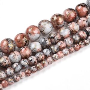 Marbled Glass Beads - Charcoal Blush. The beads come in 4 sizes as shown in the picture and are a mixture of white, pink and grey with golden streaks throughout.