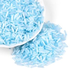 6mm Glass Bugle Beads - Sky Blue. These tubular beads have a hole passing through the length of the bead and are a shade of pastel.