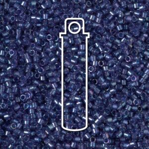 Tube of Miyuki Delica Beads in Fancy Lined Han Blue, Size 11/0, high-quality Japanese seed beads with metallic blue lining and smooth finish.