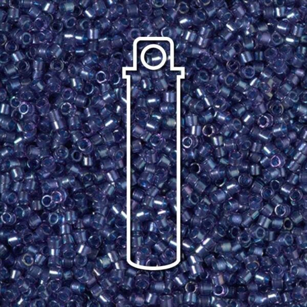 Tube of Miyuki Delica Beads in Fancy Lined Han Blue, Size 11/0, high-quality Japanese seed beads with metallic blue lining and smooth finish.