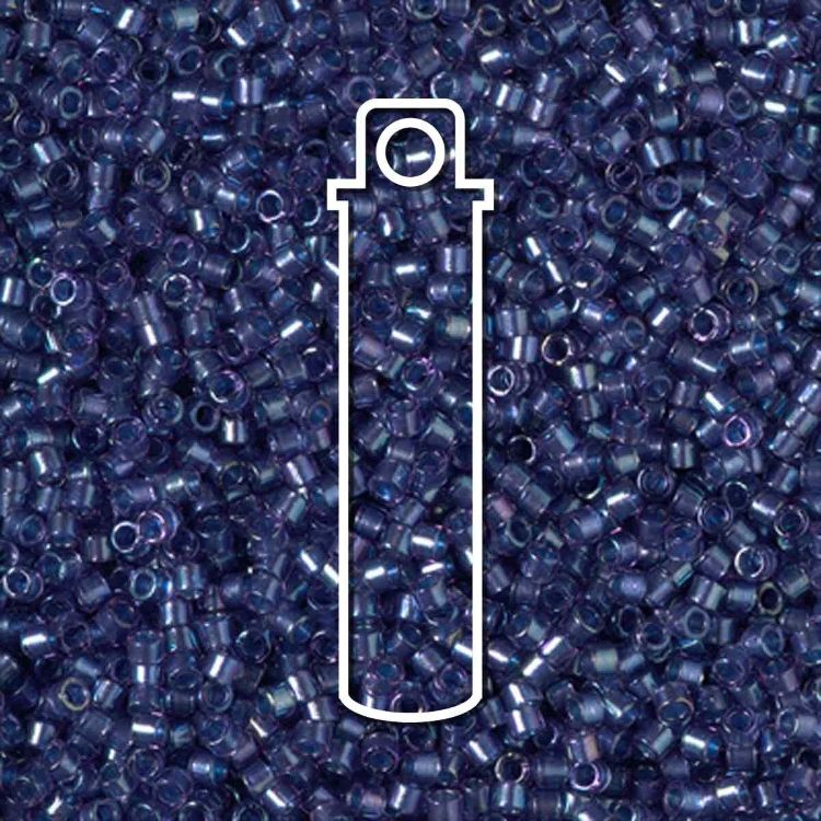 Tube of Miyuki Delica Beads in Fancy Lined Han Blue, Size 11/0, high-quality Japanese seed beads with metallic blue lining and smooth finish.