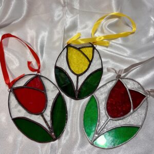 Art Deco-inspired stained glass tulip light catcher handmade using the Tiffany copper foiling method