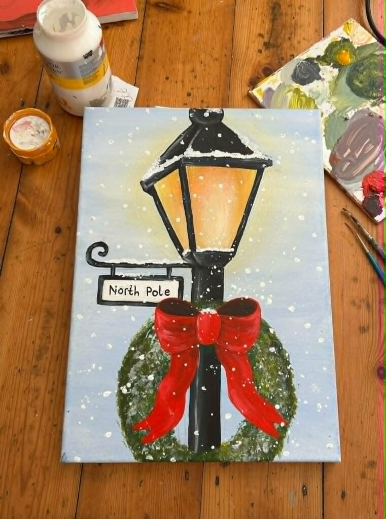 Winter Scene Painting Workshop featuring festive lamp post at Riverside Beads & Crafts Market Deeping