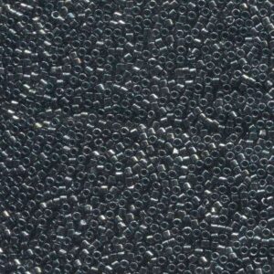 Close-up of Miyuki Delica DB001 gunmetal grey seed beads with a metallic finish and uniform cylinder shape.