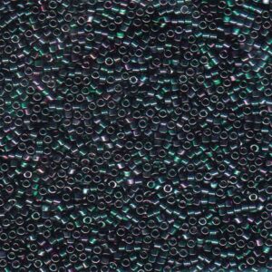 Close-up of Miyuki Delica DB1001 Metallic Purple Green Gold Iris seed beads with dark iridescent tones