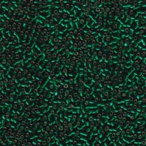 Close-up of Miyuki Delica DB148 S/L Green seed beads with a deep silver-lined green finish
