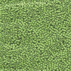 Close-up of Miyuki Delica DB1585 Matte Opaque Avocado seed beads in a fresh green shade