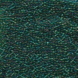 Close-up of Miyuki Delica DB175 Emerald AB seed beads with a rich green shimmer