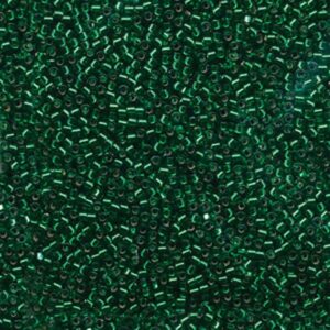 Close-up of Miyuki Delica DB605 S/L Emerald seed beads with a rich silver-lined green finish