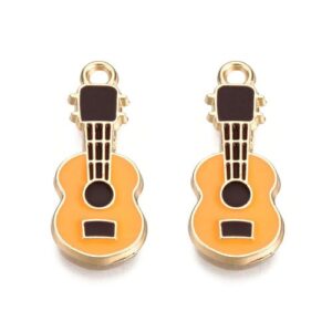 Tan Brown enamel guitar charms with black strings, gold trim and hanging loops.