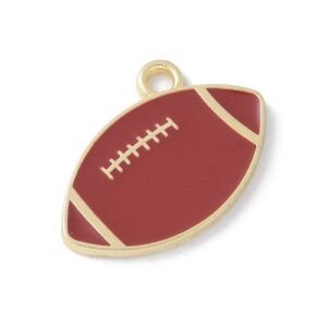 Brown enamel rugby ball charm with gold trim, stitch detail and hanging loop on a white background
