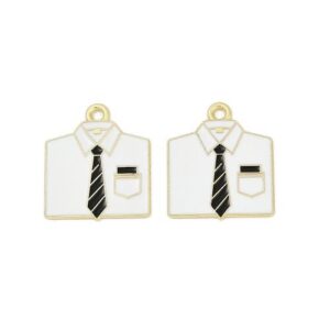 White enamel shirt charms with black tie, pocket detail, gold trim and hanging loops.