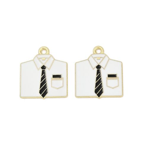 White enamel shirt charms with black tie, pocket detail, gold trim and hanging loops.
