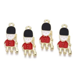 Red, black and gold enamel soldier charms with tall hats and hanging loops.