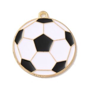 Black and white enamel football charm with gold trim and hanging loop, shown on a white background
