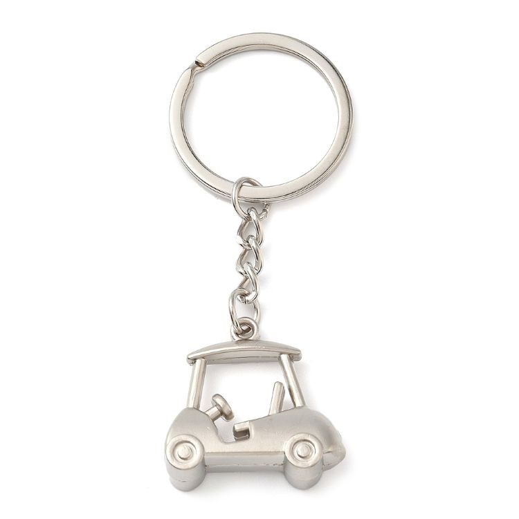 Silver golf cart keychain with round split ring and chain, ideal for golf gifts and bag charms.