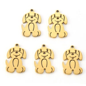 Gold-coloured stainless steel dog charms with laser-cut details and top hanging loops.