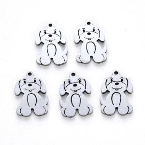Silver-coloured stainless steel dog charms with laser-cut details and top hanging loops.