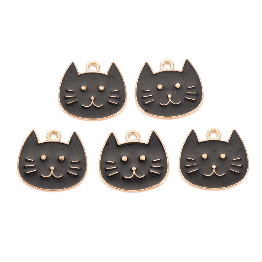 Black enamel cat head charms with gold-tone outlines, facial details and top loops for jewellery making.
