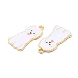 White enamel fluffy dog charms with gold-tone edging, black nose detail and top loops for jewellery making.