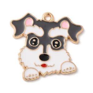 Grey and white enamel Schnauzer dog charm with gold-tone edging, with a top loop.