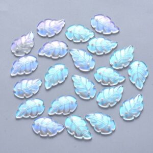 Clear AB: Clear AB glass curved leaf pendant beads with an iridescent blue and purple shine.