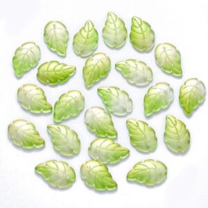 Green: Bright green powder-coated glass curved leaf pendant beads with detailed veins and a soft ombre finish.