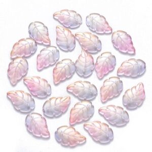 Pink: Pink powder-coated glass curved leaf pendant beads with soft peach and lilac tones.