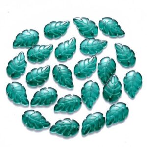 Teal: Teal glass curved leaf pendant beads with detailed veins and a smooth translucent finish.