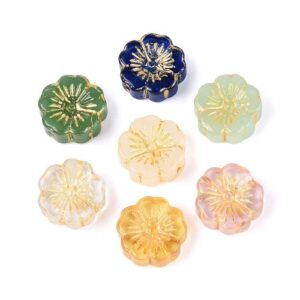 Mixed Colours: Mixed embossed glass flower beads with gold detailing in blue, green, blush, clear and yellow.